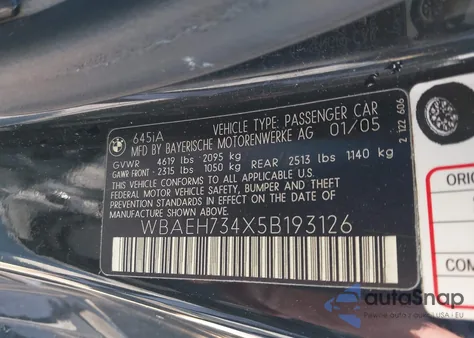 2005 BMW 645 z USA, uszkodzony, nr VIN WBAEH734X5B193126